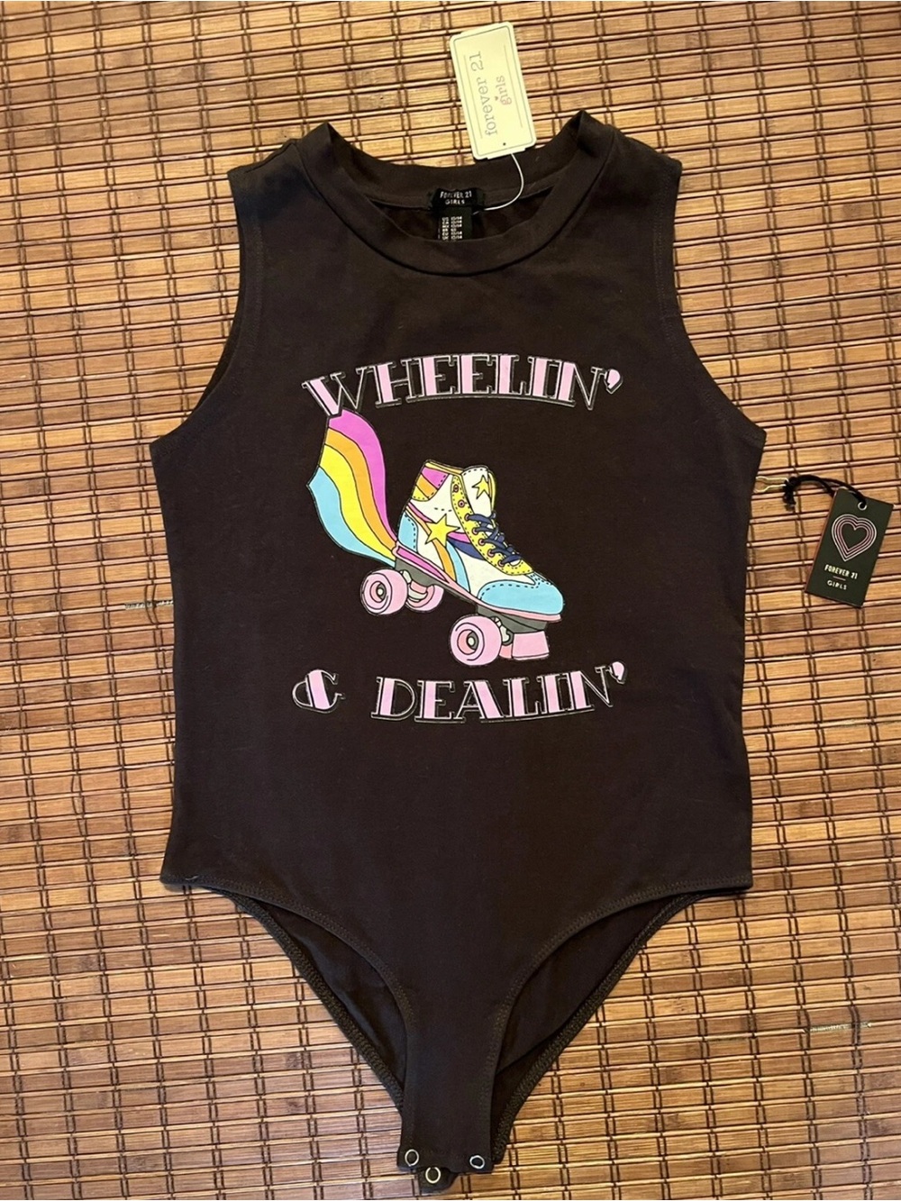 NWT Charcoal Roller Skate Wheelin’ & Dealin’ Bodysuit Top Skating Forever 21